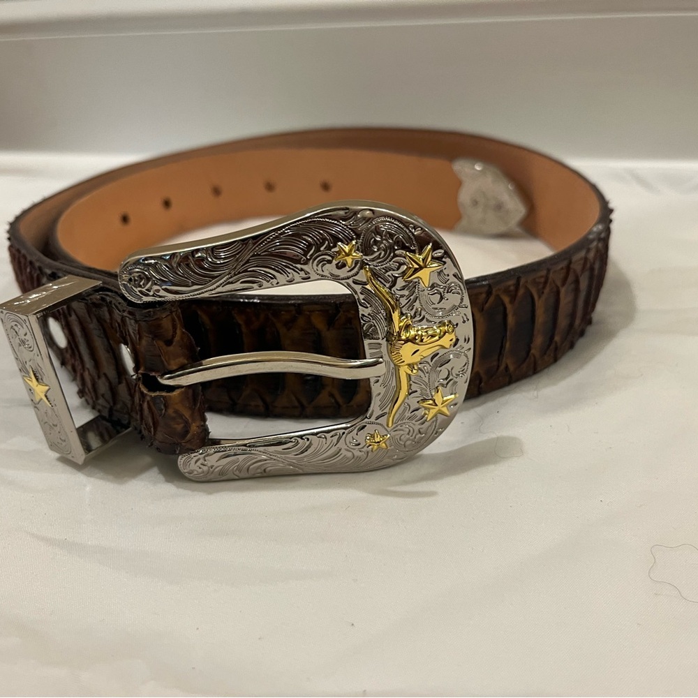 Brown Leather Belt with Silver and Gold Buckle